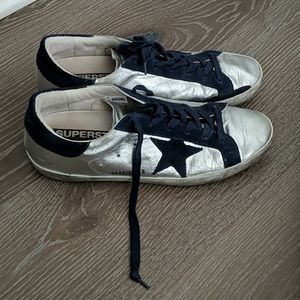 Golden Goose Metallic Silver and Navy Sneakers